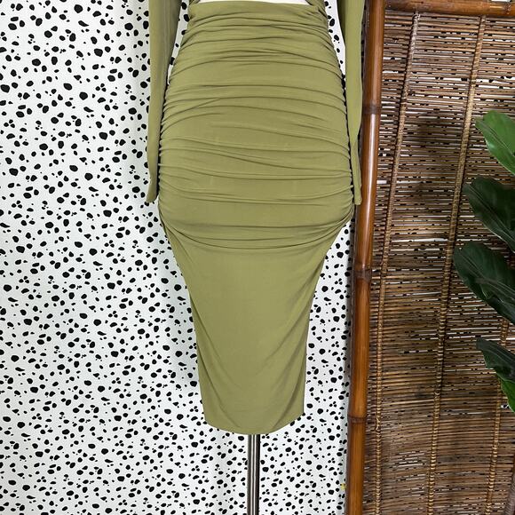 NEW Majorelle | Revolve Darla Olive Green Cut Out Tie Ruched Sexy Midi Dress XXS - Picture 3 of 11